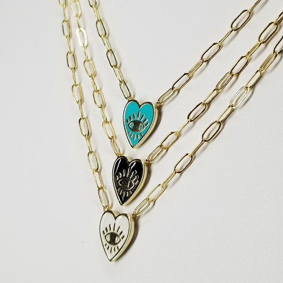 NEW Enamel Heart Evil Eye Paperclip Dainty Chain - Picture 3 of 10